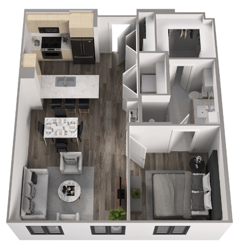 a 3d floor plan of a studio apartment with a bedroom and a living room
